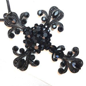 NOS Gothic Black Jeweled Metal Cross Necklace